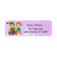 Cute Elves Purple Snowflakes Christmas Card Label