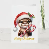 Adorable Christmas Otter in Santa Hat With Candy   Foil Greeting Card