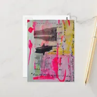 A Boat Mixed Media Collage Pink Yellow Postcard