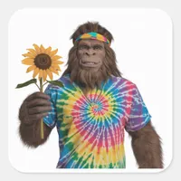 Hippie Sasquatch in Tiedye With Sunflower Square Sticker