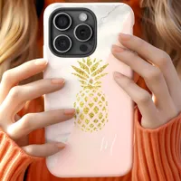 White Marble Gold Pineapple Pink Pastel Monogram iPhone 11 Case