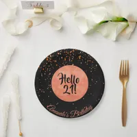 21st birthday black rose gold confetti hello 21 paper plates