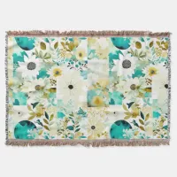 Pretty Folk Art White and Turquoise Flowers   Throw Blanket