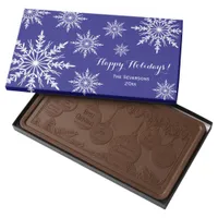 White Winter Snowflakes on Blue Happy Holidays Milk Chocolate Bar