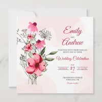 Pink Coneflower Floral Watercolor Square Wedding Invitation