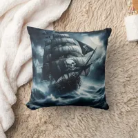 Pirate Ship Battling Stormy Seas Under Full Moon Throw Pillow