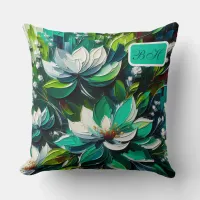 Green and White Floral Initial Monogram | Throw Pillow