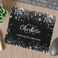 Black silver glitter monogram initails name mouse pad