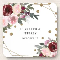 Floral Burgundy Gold Glitter Geometric Wedding Beverage Coaster