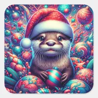 Adorable Festive Christmas Otter Square Sticker