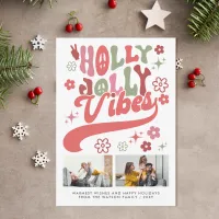 Retro Groovy Holly Jolly Vibes Typography 2 Photo Holiday Card