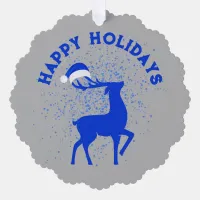 Blue/Silver Happy Holidays Reindeer with Monogram Ornament Card