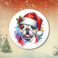 Watercolor English Bulldog in Santa Hat Classic Round Sticker