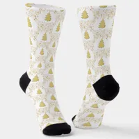 Christmas Gold Stars, Trees & White Unisex Adult Socks