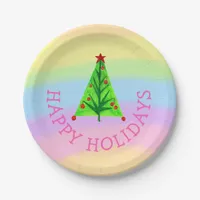 Rainbow Colors Happy Holidays Tree Christmas Paper Plates