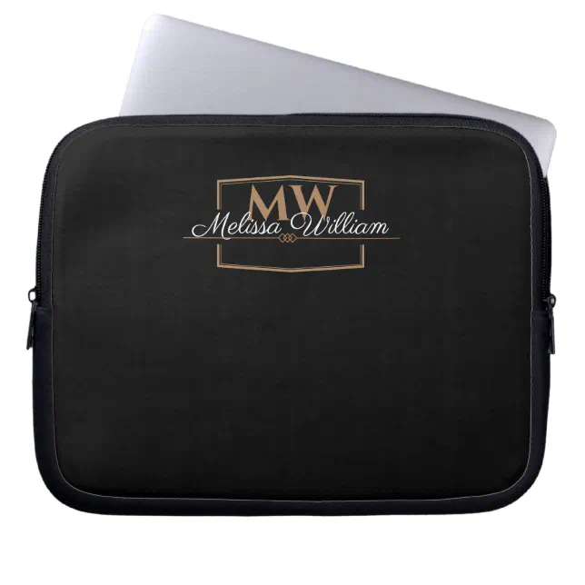 Black White Gold Monogram Name Script Laptop Sleeve