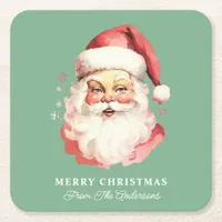 Retro Santa Green Personalized Name Christmas Square Paper Coaster