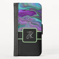 Monogrammed Purple, Green and Blue Fluid Art     iPhone X Wallet Case