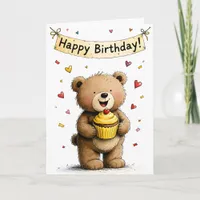 Cute Whimsical Teddy Bear Cupcake Happy Birthday Card
