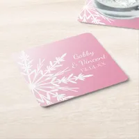 White Snowflakes on Pink Winter Wedding Square Paper Coaster