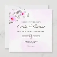 Pink Daisy Watercolor Floral Square Wedding Invitation