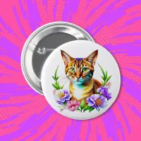 Petals and Purr Cute Cat and Pretty Flowers Button