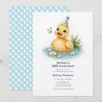ONE Lucky Duck Cute Duckling Blue First Birthday Invitation