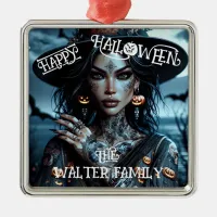 Pretty Gothic Witch with Tattoos Halloween Party Metal Ornament