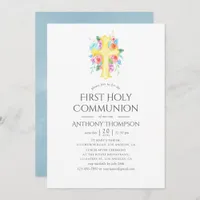 Pastel Watercolor Floral Boy First Holy Communion Invitation