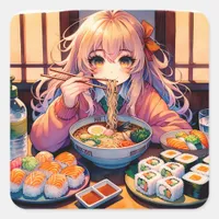 Cute Anime Girl Eating Ramen and Sushi Square Sticker