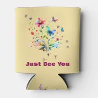 Simple Floral Watercolor Monogram Bee on peach  Can Cooler