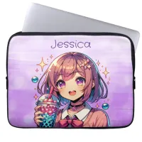 Cute Anime Girl Holding Bubble Tea Personalized Laptop Sleeve