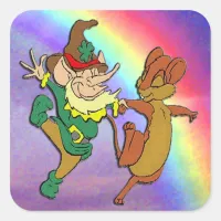 Leprechaun and Mouse Dancing with Rainbow Square Sticker