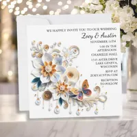 Paper Quilling Flowers and Butterfly Wedding Invitation