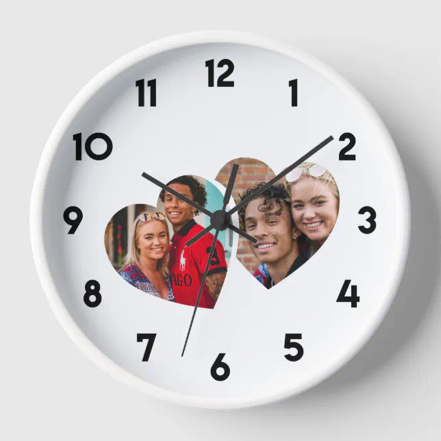 Twin Hearts Romantic Family Photo Modern Wall Clock