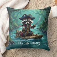 Cute Captain Raccoon Rafting Down the River Throw Pillow