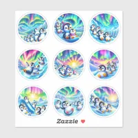 Cute Penguins and Aurora Borealis Rainbow Stickers