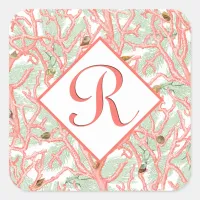 Coral Branches with Seashells Monogram Square Sticker