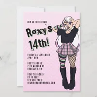 Teen Girl Pink Cartoon Punk 14th Birthday Invitation