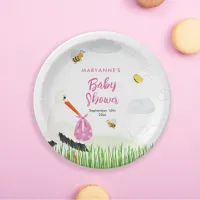 Rustic Stork with Bee & Butterfly Girl Baby Shower Paper Plates