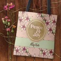 Peace & Joy Pink Green Gold Personalized Christmas Tote Bag