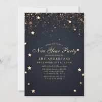 Gold Confetti Stars Navy Blue New Year Party Invitation