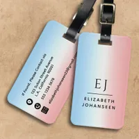 Modern Initials Monogram Blue Pink White Gradient Luggage Tag