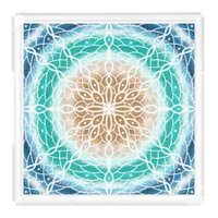 Round Ocean Waves Teal and Turquoise Mandala Acrylic Tray