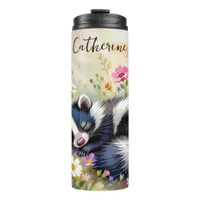 An Adorable Skunk Napping in Flowers Personalized Thermal Tumbler