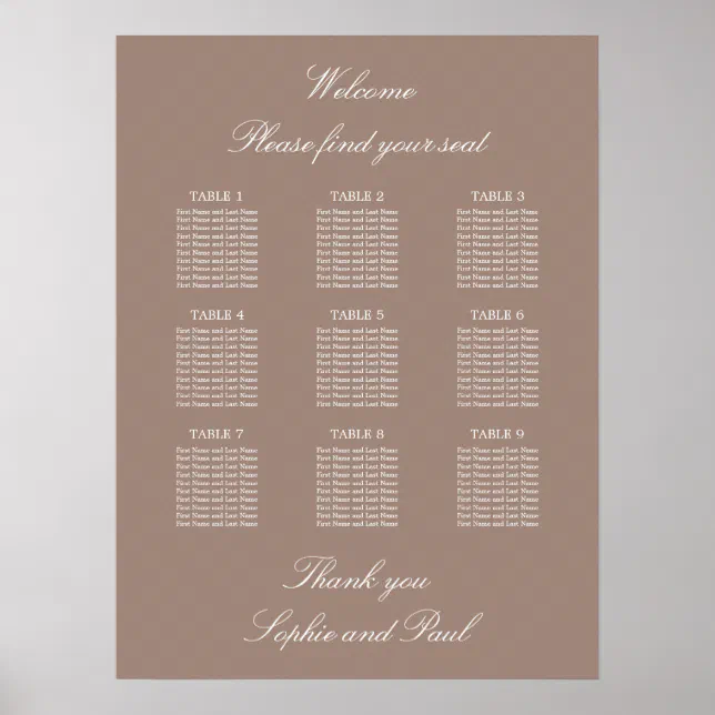 Taupe 9 Table Wedding Seating Chart Poster