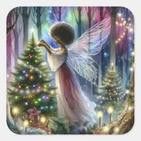 Pretty Fairy Decorating the Christmas Tree  Square Sticker