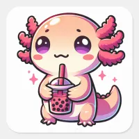 Cute Kawaii Axolotl with Bubble Tea Square Sticker