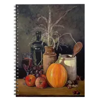 Autumn Decorations on Table, Pumpkin, Fruit, Drink Notebook