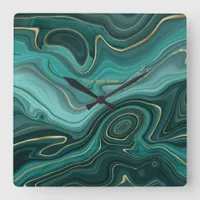 Teal and Gold Agate Personalized Square Wall Clock